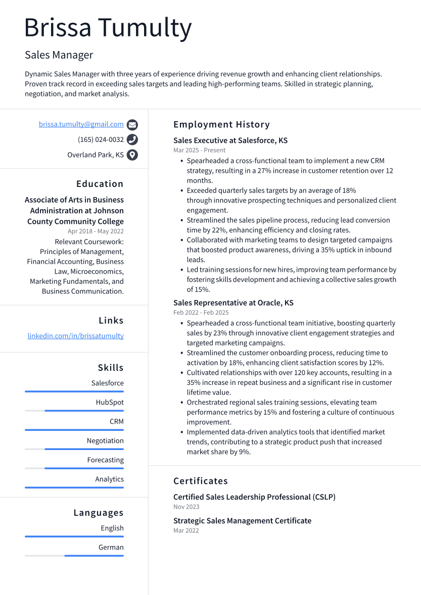 Sales Manager Resume Example