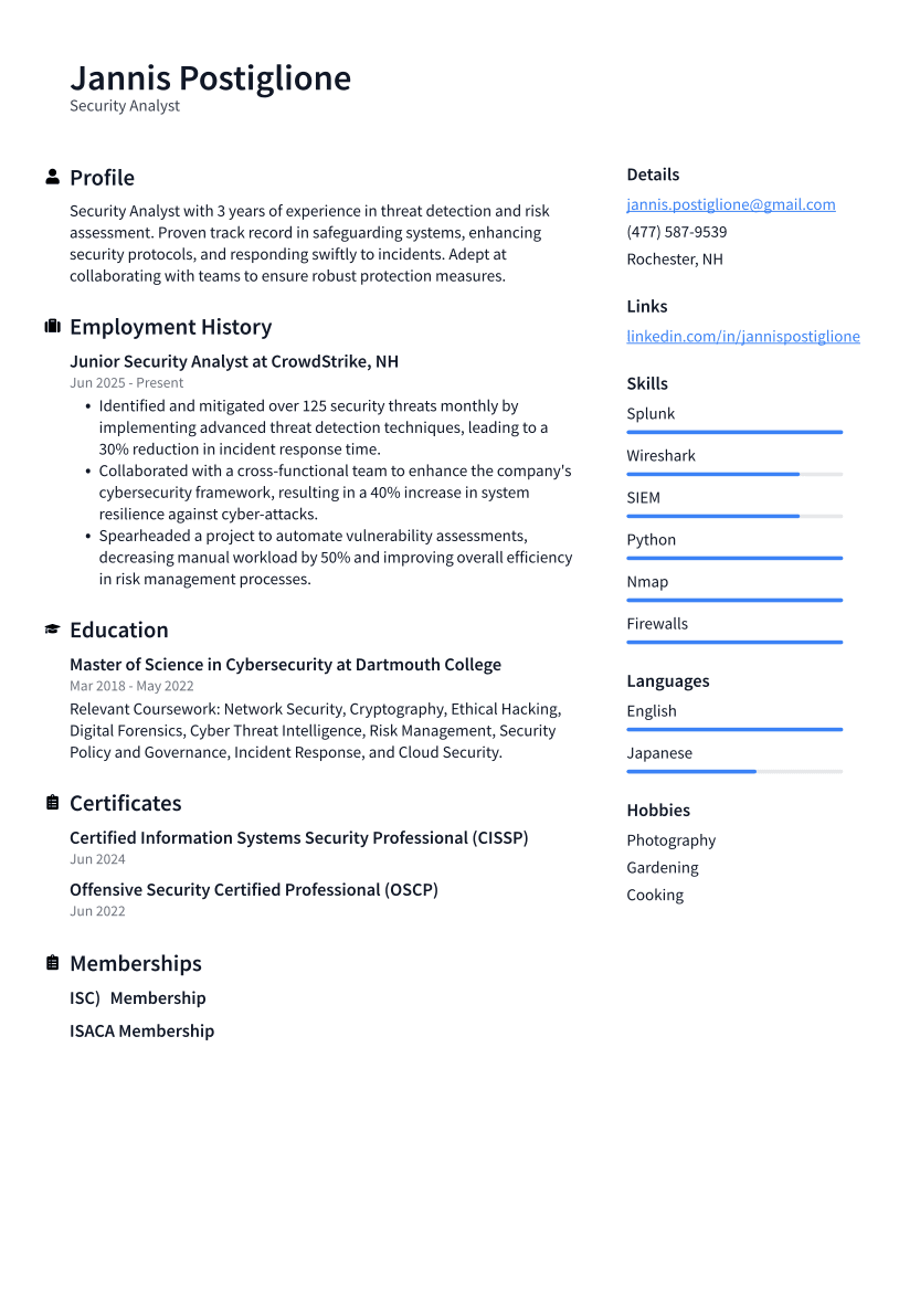Security Analyst Resume Example