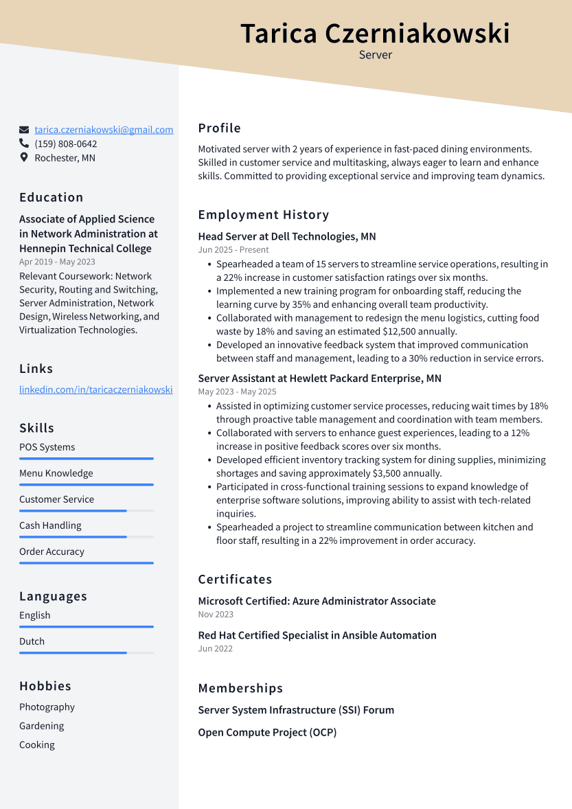 Server Resume Example