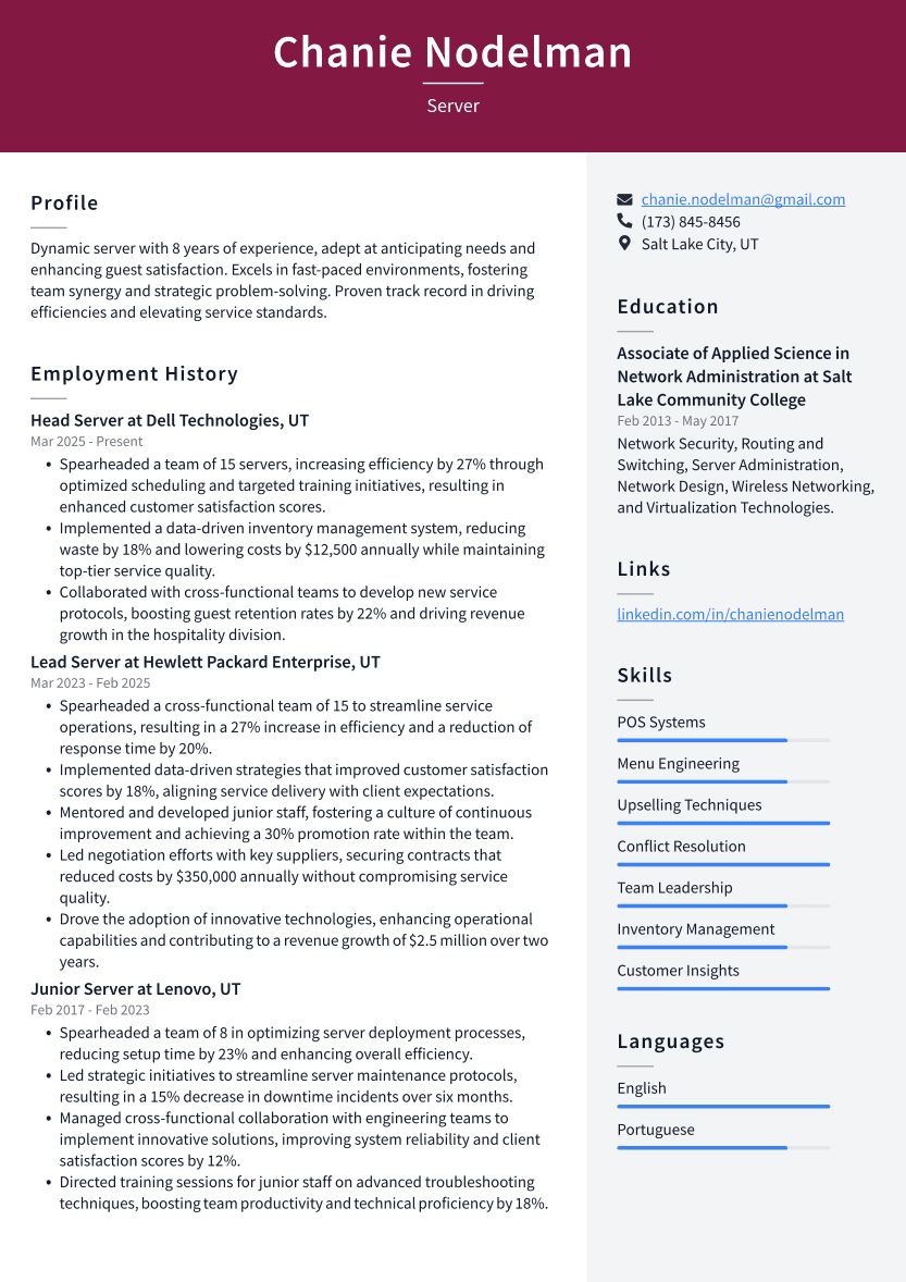 Server Resume Example