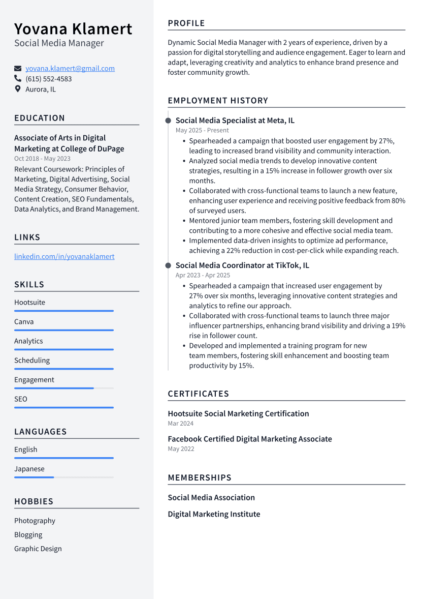 Social Media Manager Resume Example