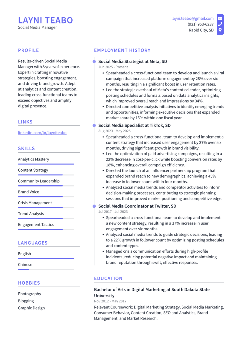 Social Media Manager Resume Example
