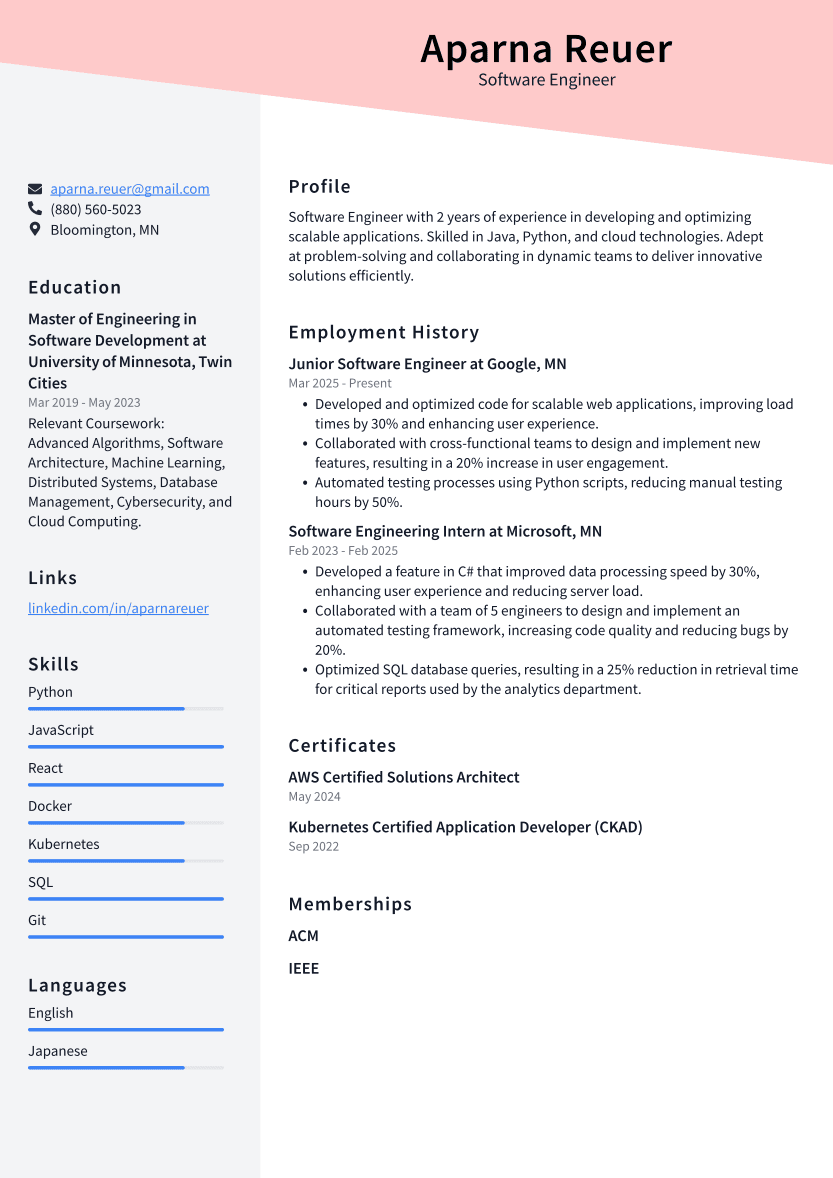 Software Engineer Resume Example