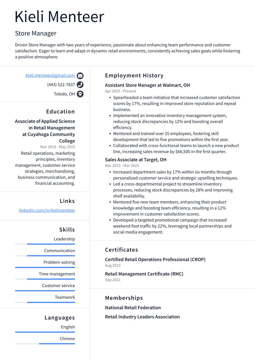 Store Manager Resume Example
