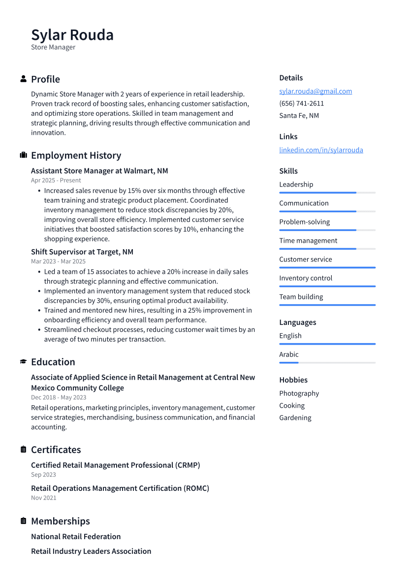 Store Manager Resume Example