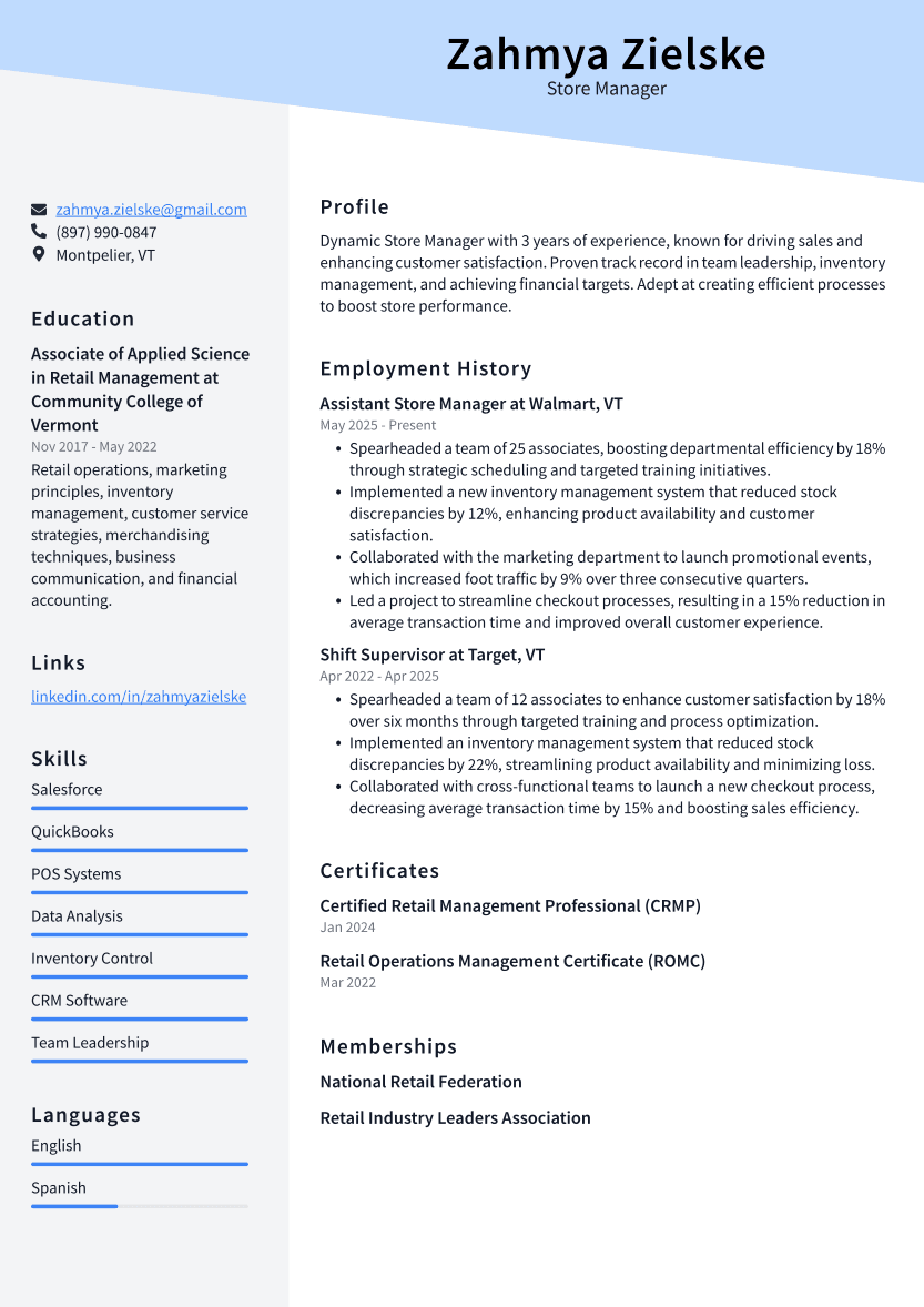 Store Manager Resume Example
