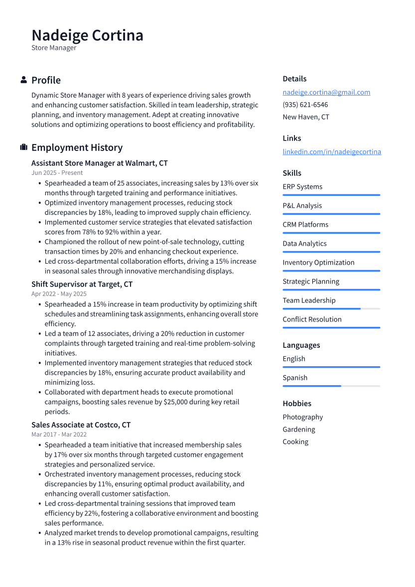 Store Manager Resume Example