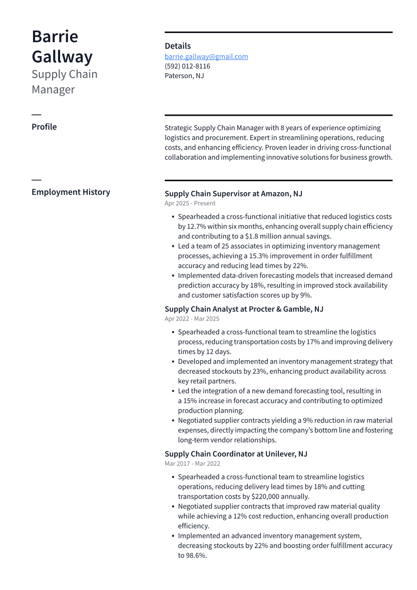 Supply Chain Manager Resume Example