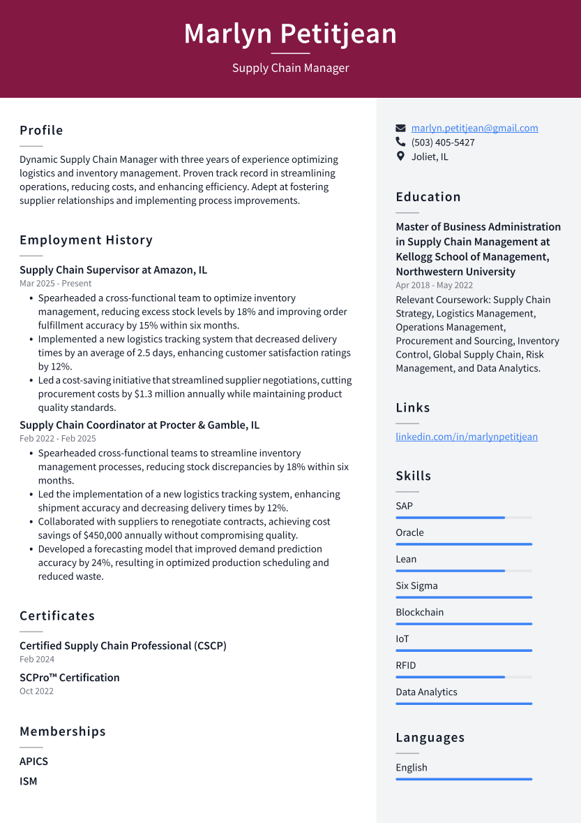 Supply Chain Manager Resume Example