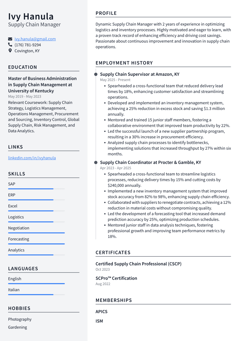 Supply Chain Manager Resume Example