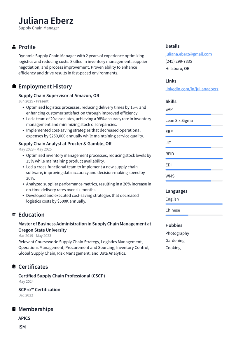 Supply Chain Manager Resume Example