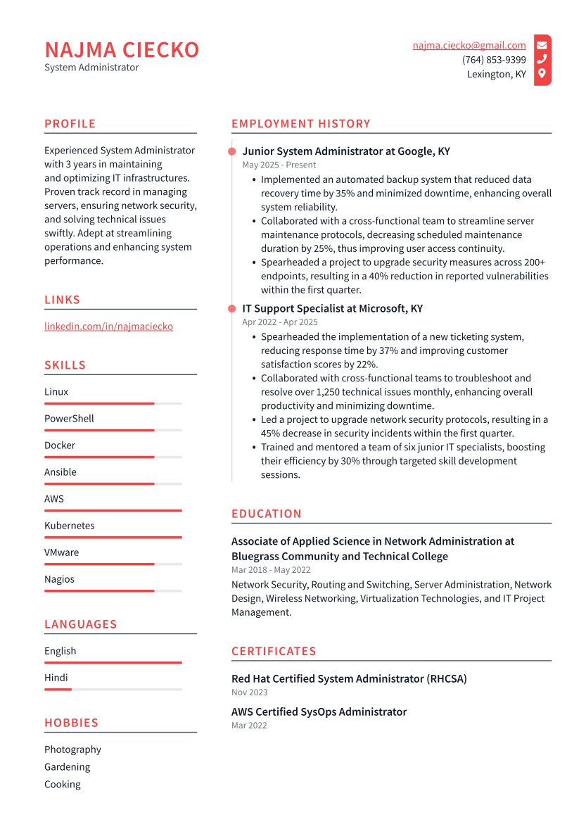 System Administrator Resume Example