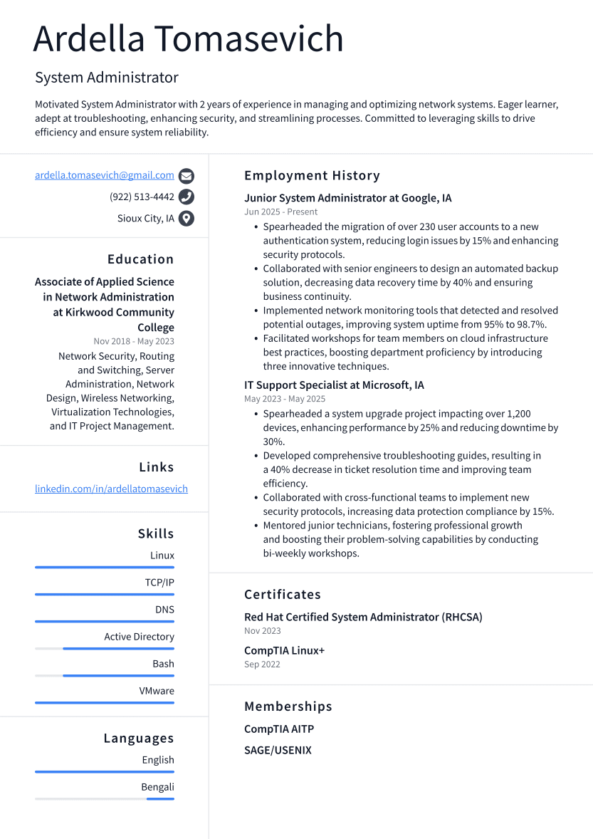 System Administrator Resume Example