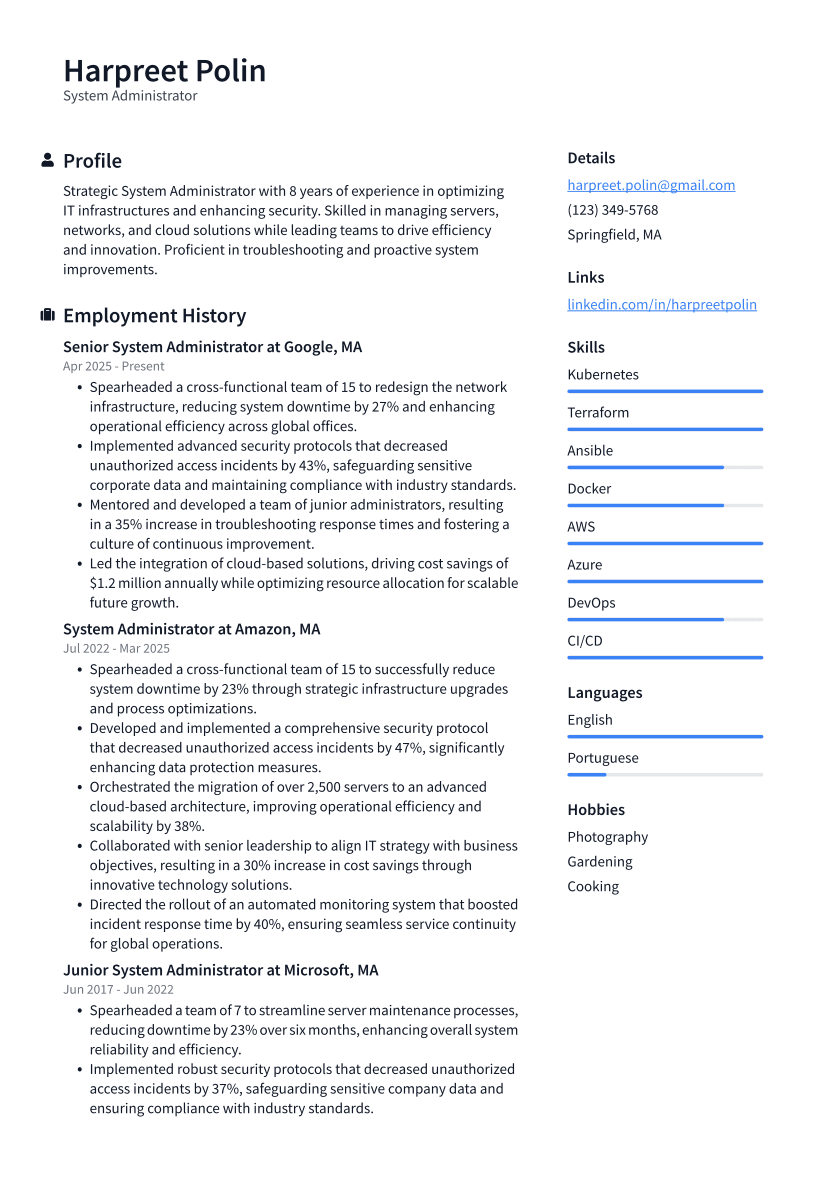 System Administrator Resume Example