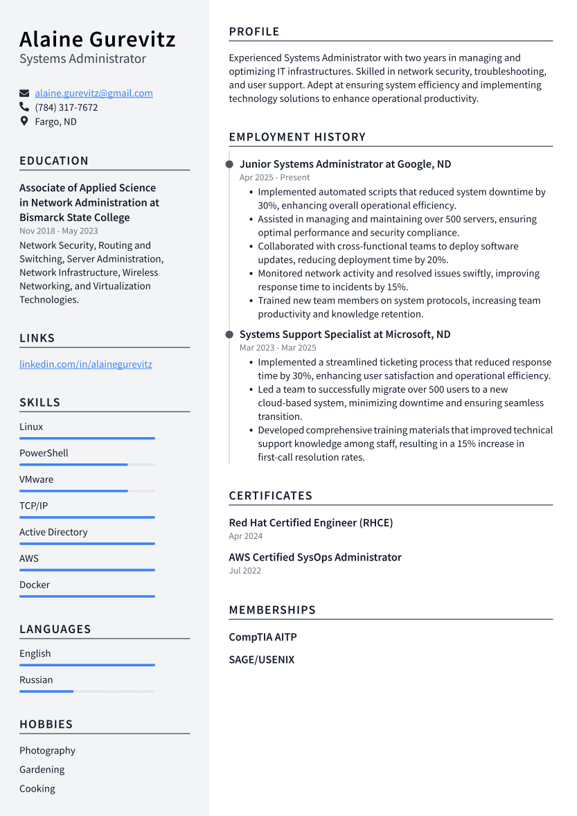 Systems Administrator Resume Example