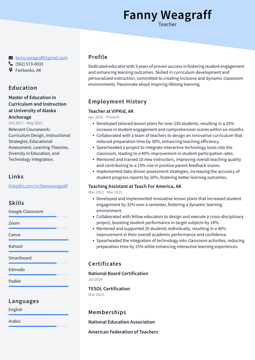 Teacher Resume Example