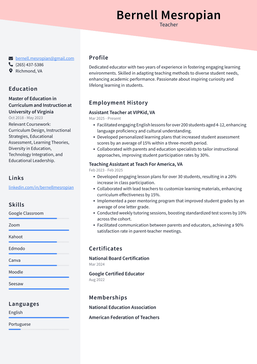 Teacher Resume Example