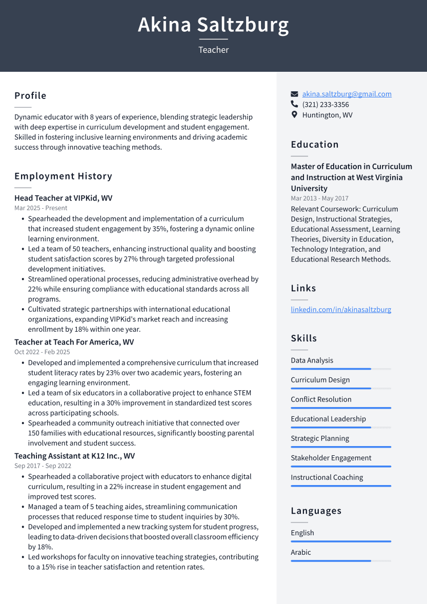 Teacher Resume Example