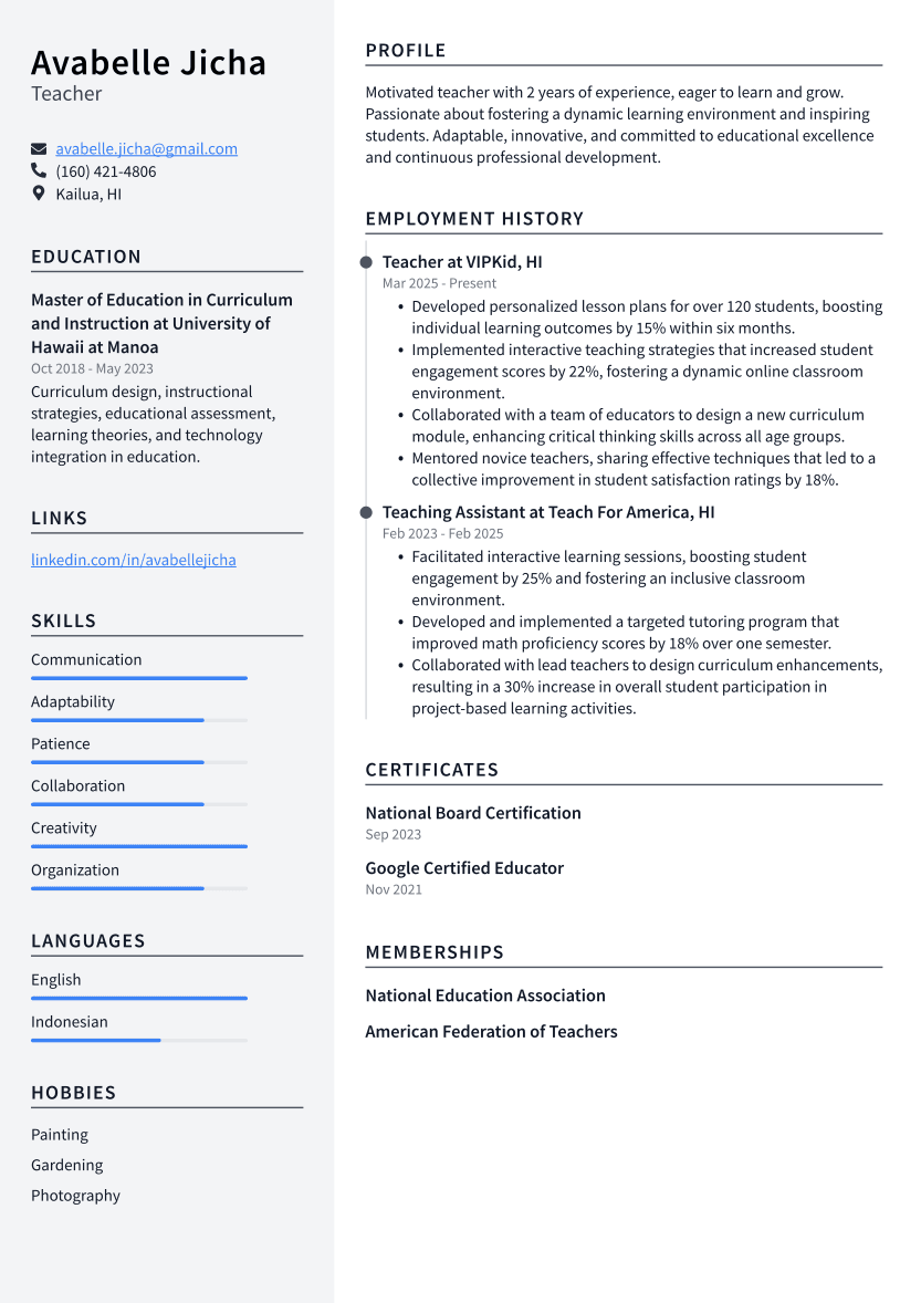 Teacher Resume Example