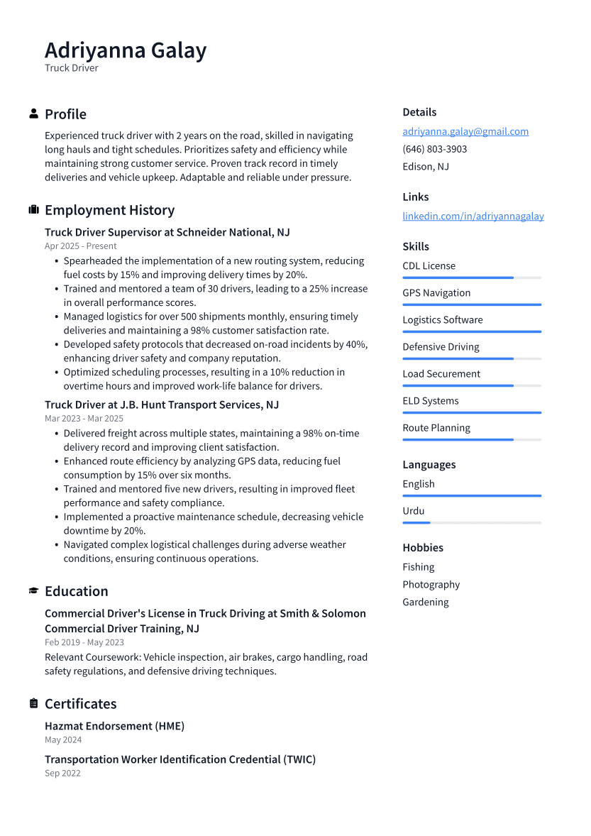 Truck Driver Resume Example