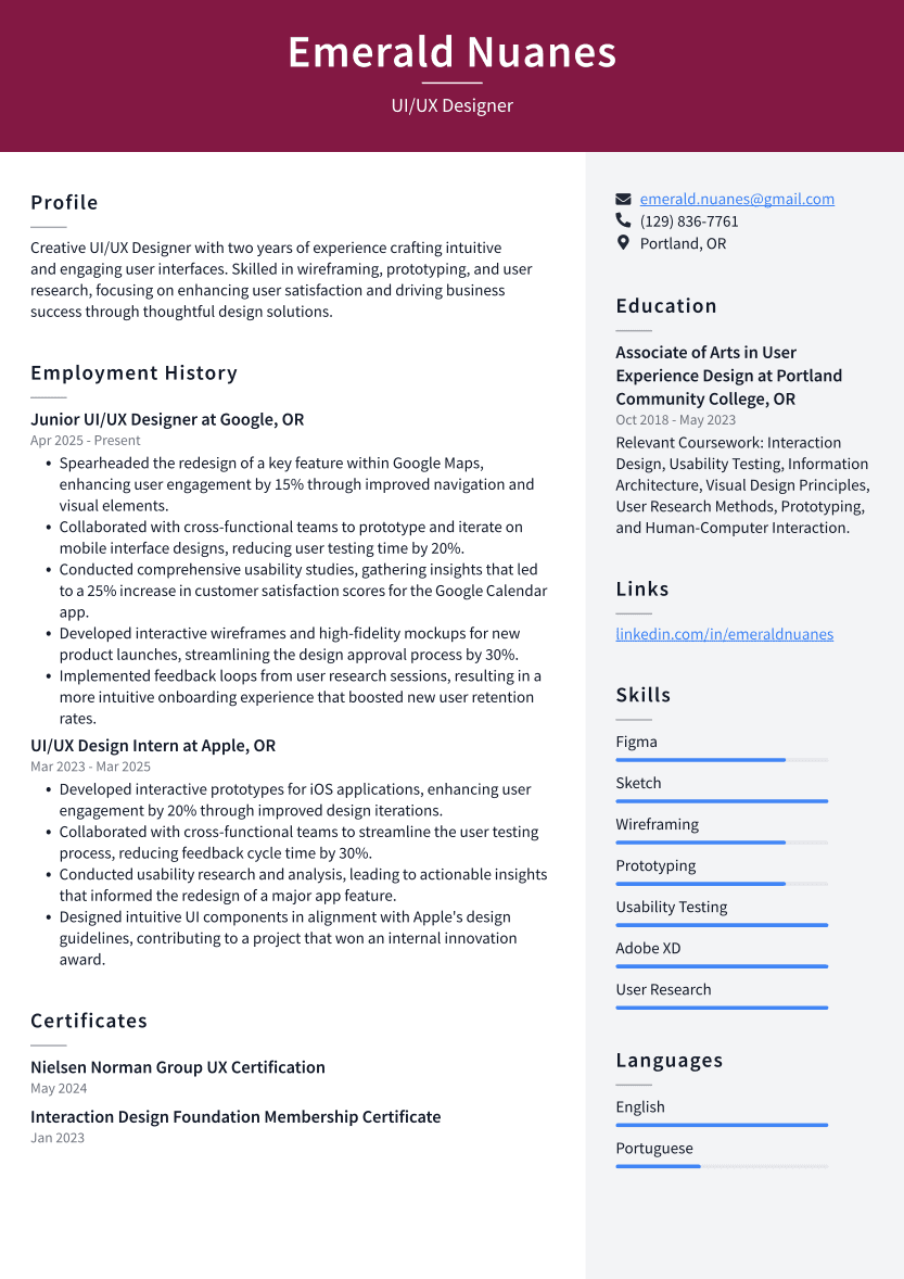 UI/UX Designer Resume Example