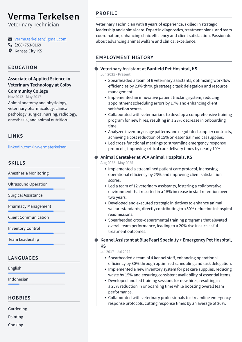 Veterinary Technician Resume Example