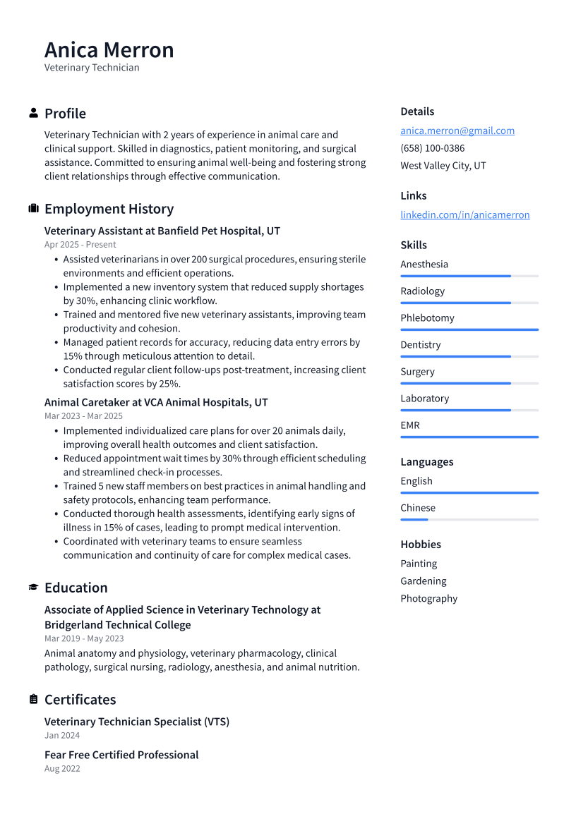 Veterinary Technician Resume Example