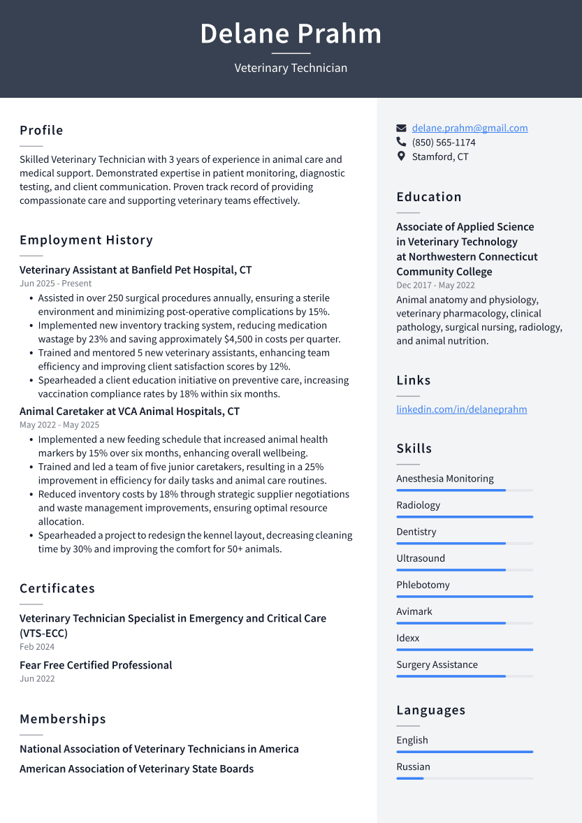 Veterinary Technician Resume Example