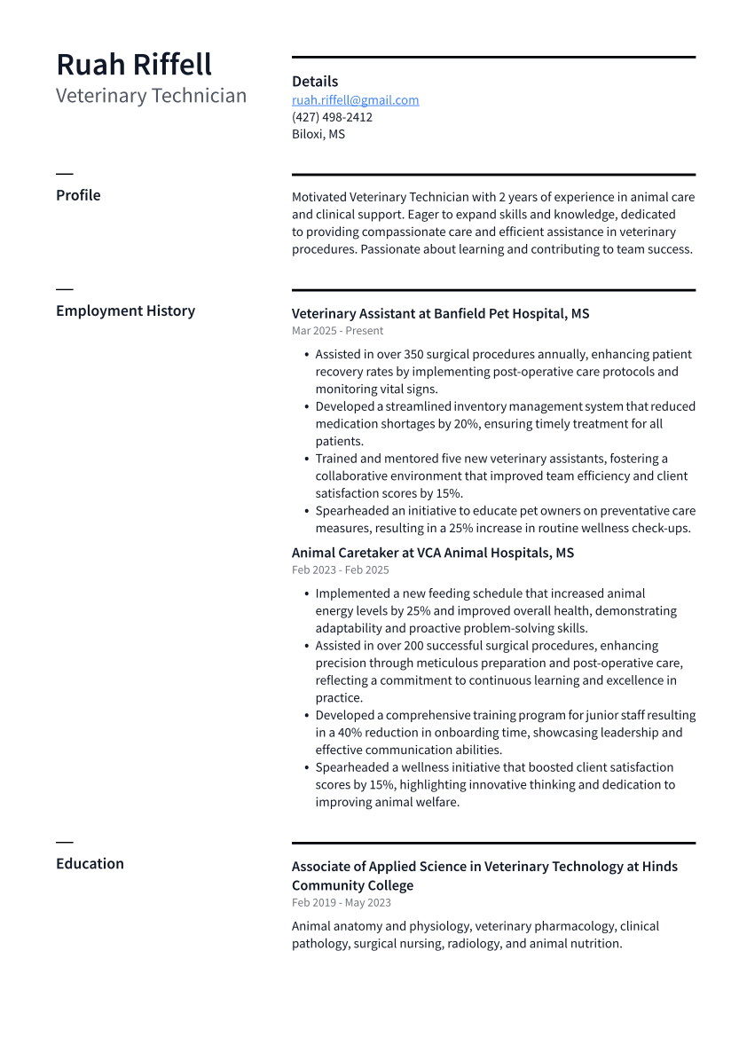 Veterinary Technician Resume Example