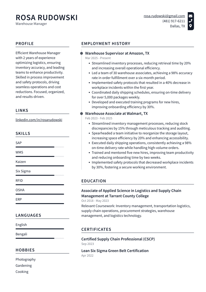 Warehouse Manager Resume Example