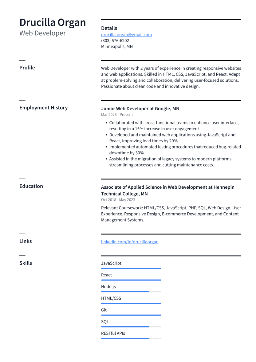 Web Developer Resume Example