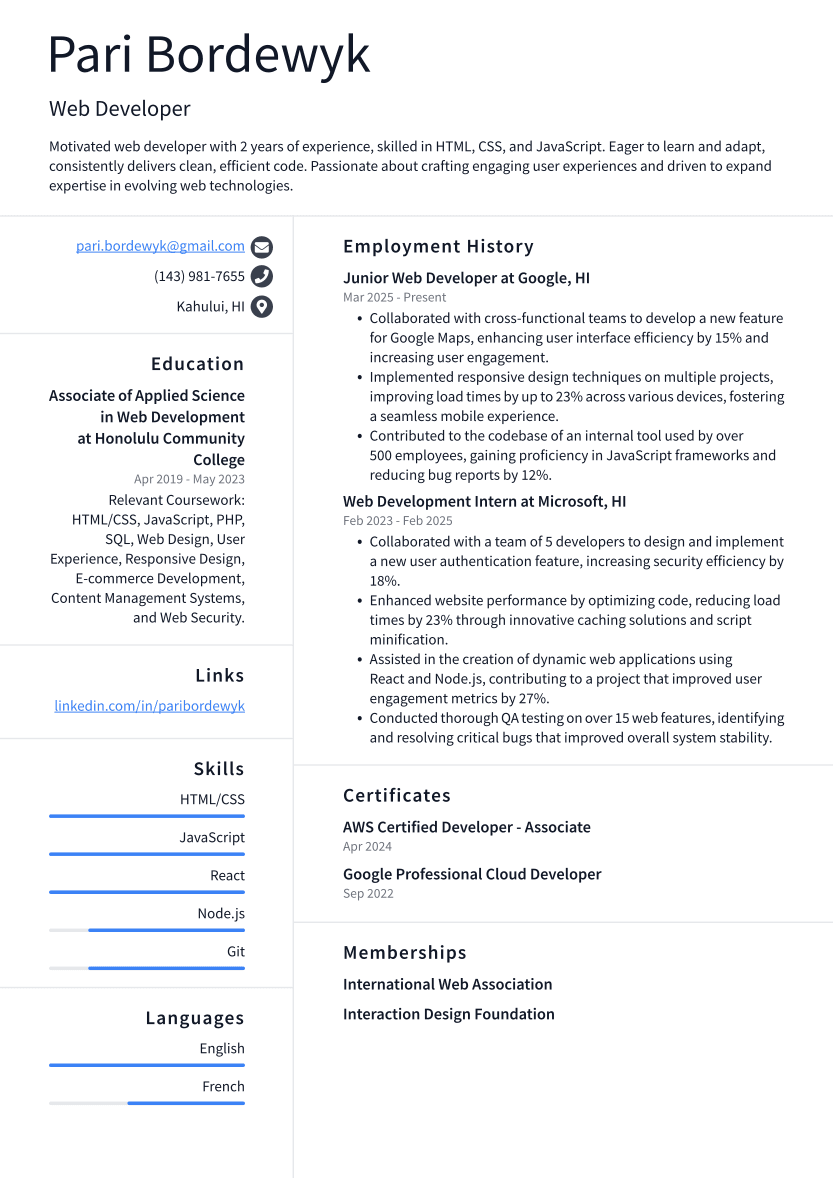 Web Developer Resume Example