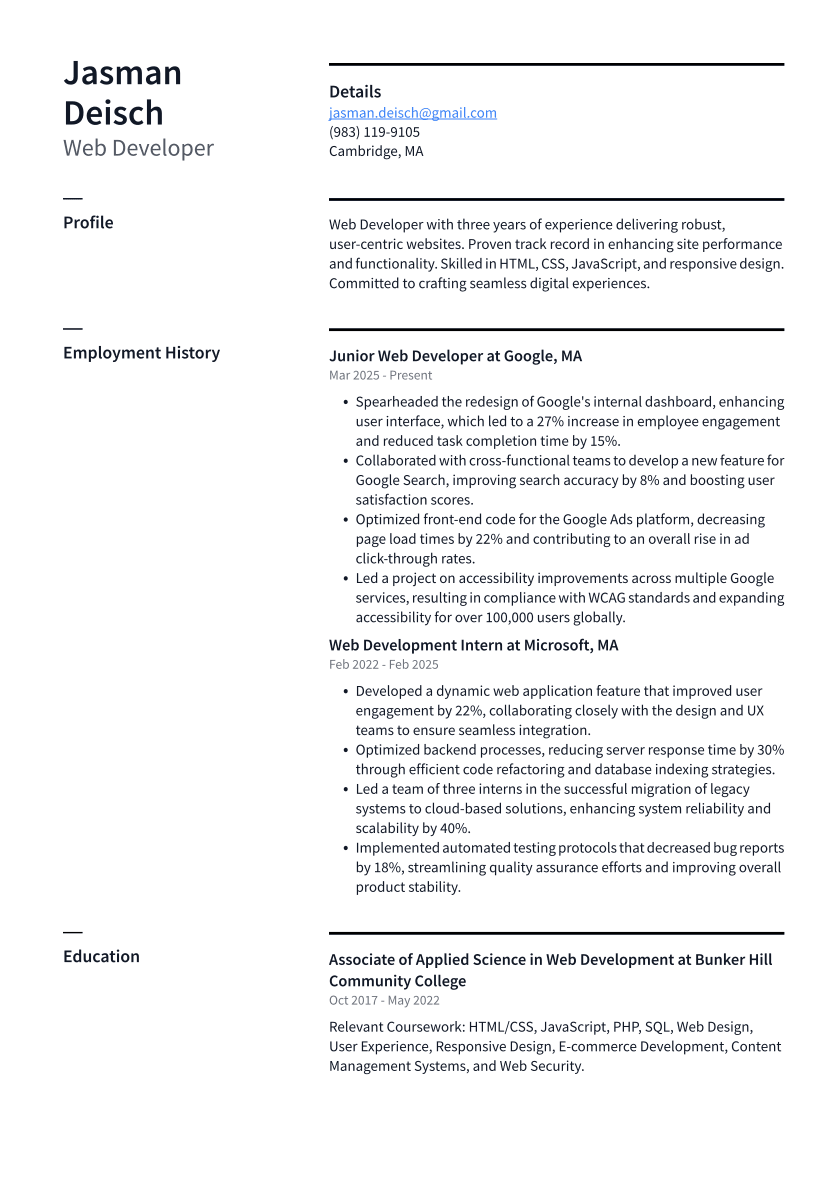 Web Developer Resume Example