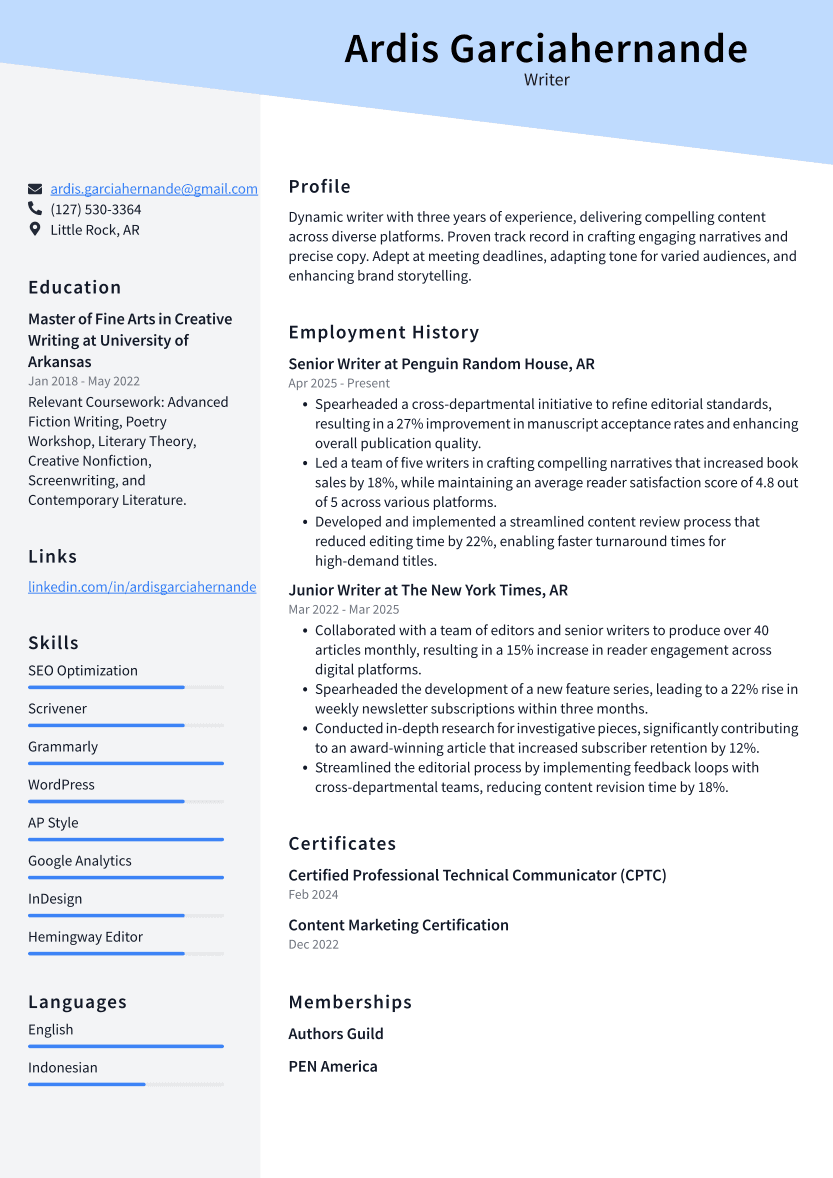 Writer Resume Example